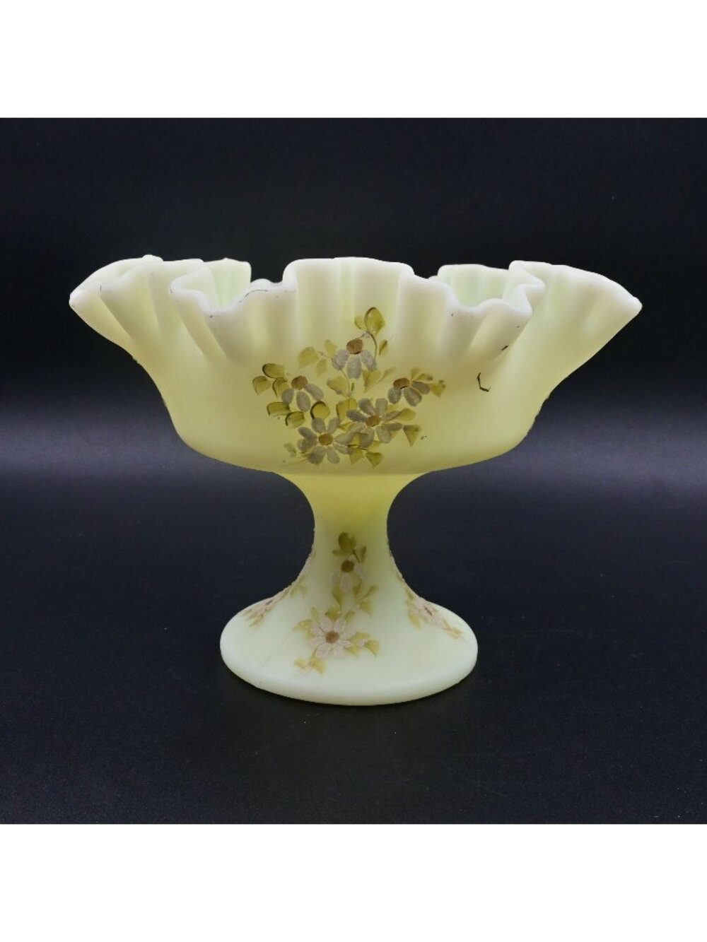 Fenton Custard Glass Pedestal Compote Bowl Floral Motif Crimped Signed